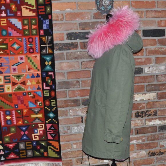 Green Parka Pink Raccoon Fur Trim, Faux Fur Lining M - Picture 8 of 14